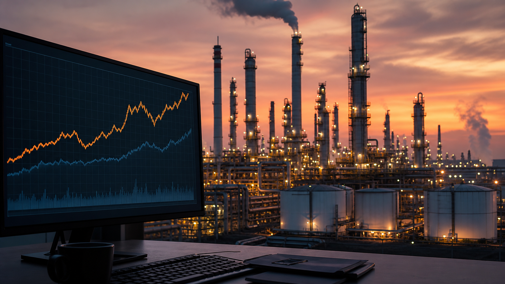 Global refinery margin outlook featured image showing refinery and market chart