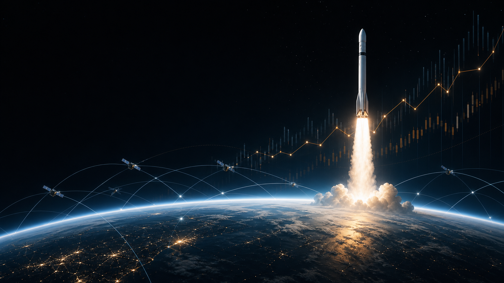 SpaceX investment analysis illustration showing a rocket launch, low Earth orbit satellites, and financial chart lines