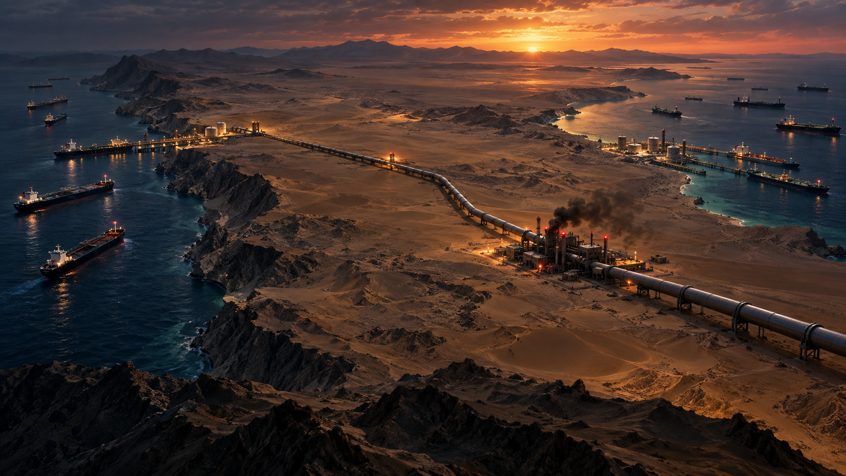 Saudi East-West Pipeline damage and global oil shock risk editorial illustration
